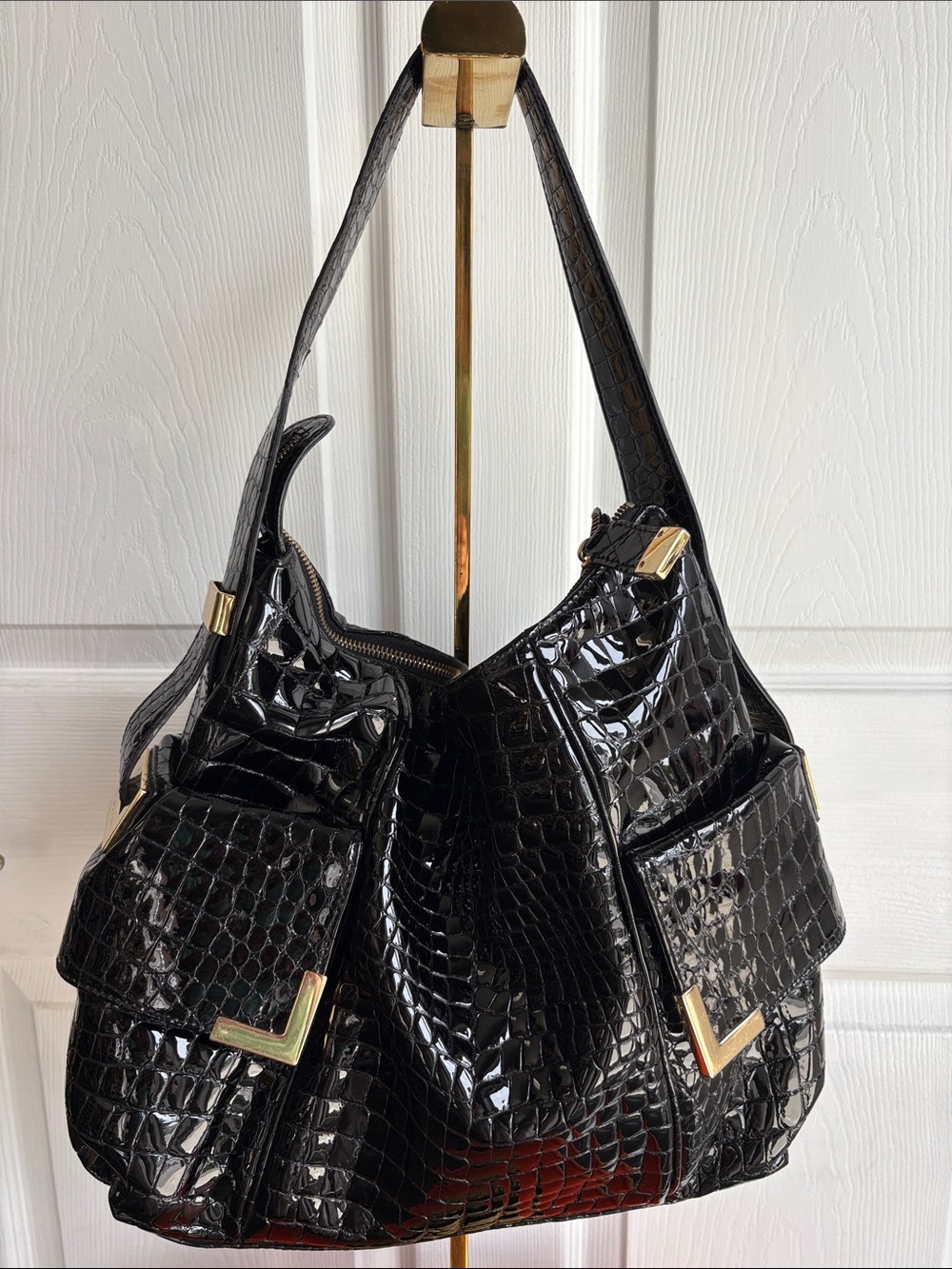 Michael Kors Black Croc-Embossed Shoulder Bag with Gold Accents